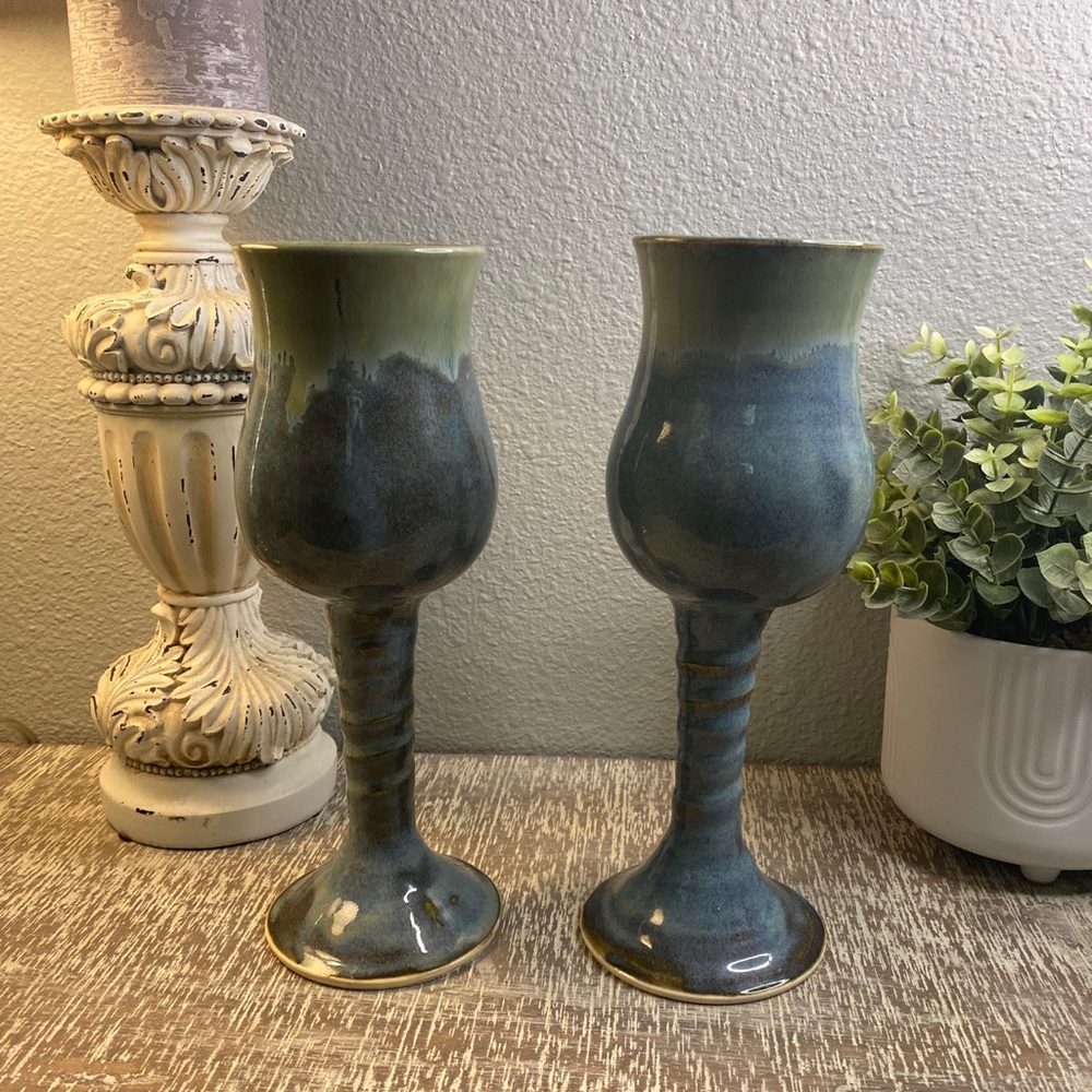 2 Stoneware Goblets Blue Green Glaze Footed Chalices Handmade Artist Signed MR
